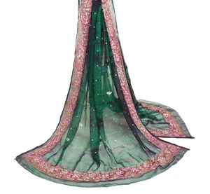 Sushila Vintage Green Tie-Dye Scrap Dupatta Chiffon Silk Hand Beaded Long Stole - Picture 1 of 10