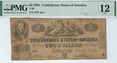 T-38 PF-1 $2 Confederate Paper Money 1861 - PMG Fine 12 - rare type! - Image 1 of 2