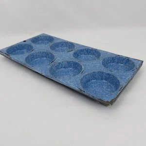 Graniteware Muffin Pan Blue and White 8 Cup Double Sided Speckled Mottled Enamel - Picture 1 of 10