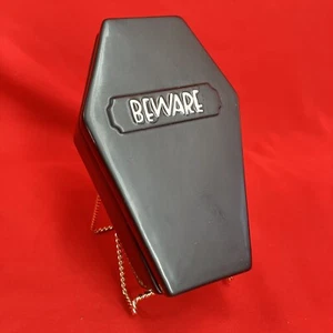 Ceramic 6” Beware Black Coffin / Covered Jewelry Dish Container / Halloween - Picture 1 of 12