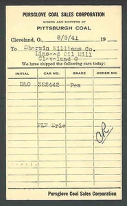 1943 PC CLEVELAND OH PURSGLOVE COAL SALES CORP SELLS PITTSBURGH COAL - Picture 1 of 1