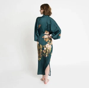 KIM + ONO Women OS WASHABLE PEONY & BUTTERFLY LONG KIMONO ROBE Vintage Teal - Picture 1 of 8