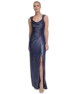 DKNY Women's Metallic Ruched Cowlneck Gown Formal Evening Dress Navy Blue 12 - Picture 1 of 13