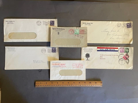 6 VINTAGE WWII ERA 1942-1947 MEAT/GROCERY ADVERTISING ENVELOPES W/STAMPS Cover
