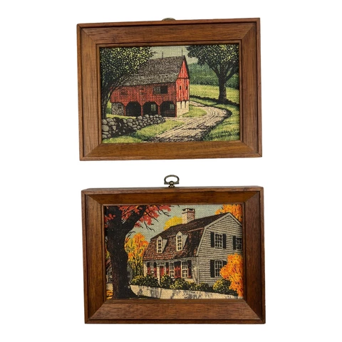 Pair of Framed Bark Cloth Fabric Pictures Red Barn Clapboard House 8" x 6" Vtg Cover