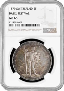 Switzerland 5 francs 1879, NGC MS65, "Basel Shooting Festival" silver coin - Picture 1 of 2