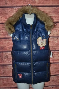 Pink Victoria Secret Women's Dark Blue Puffer Vest Fur Hoodie Size S - Picture 1 of 11