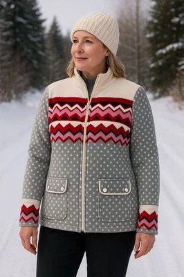 Talbots Petites XLP Fleece Zip Jacket Gray Red Fair Isle Winter Outdoor Coat - Image 1 of 4