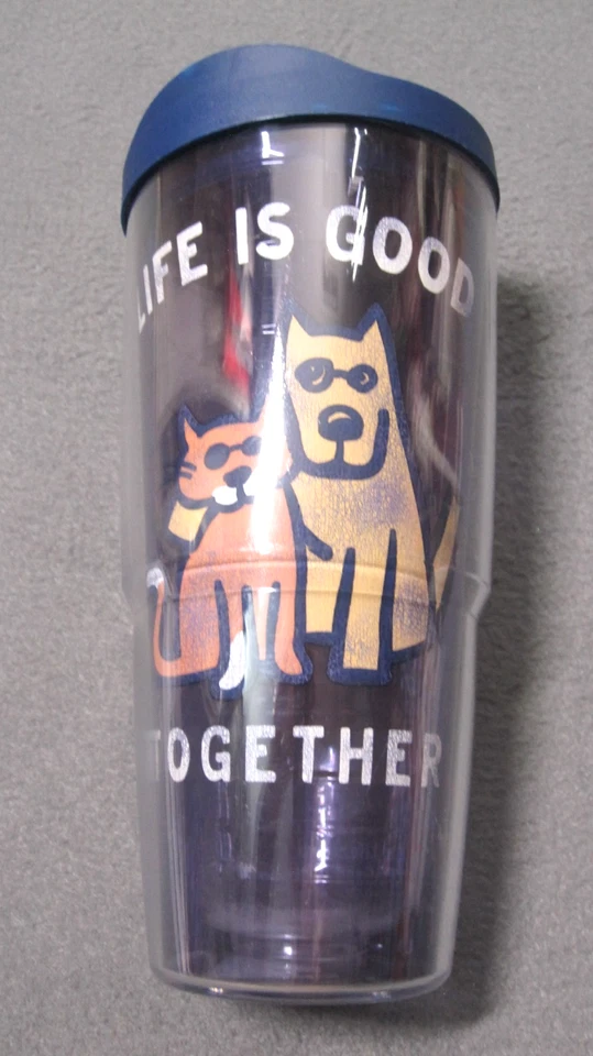 Taza Life is Good Perro/Gato Juntos Tervis Azul Doble Pared 24oz Tapa Caliente/Fría Foto 1 de 4