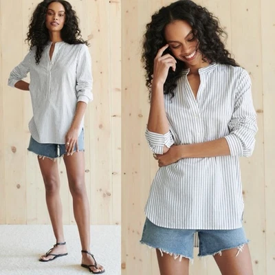 Jenni Kayne Hampton 条纹束腰衬衫蓝色和白色纽扣正面 XS 码 — 第 1/4 张图片