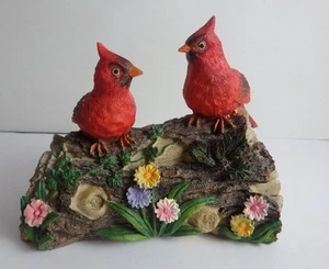 vintage two red cardinals perched on Log with Flowers Decorative Figurines Resin - Picture 1 of 6