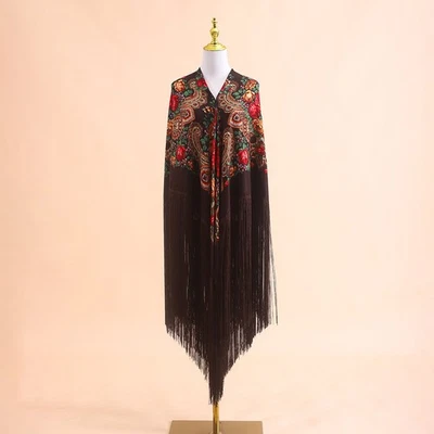 Extra-large size women's printed shawl - black and white long tassel wide scarf - Image 1 of 4