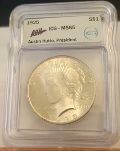 1925 Peace Silver Dollar ICG MS65 Gem BU Mint Lustrous -AUSTIN HUTTO SIGNED - Picture 1 of 4