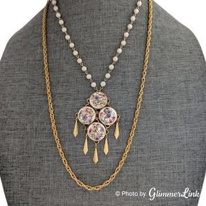 Vintage 60s Floral Cameos Pendant Layered Double Strand Gold Tone Chain Necklace - Picture 1 of 9
