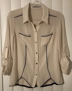 Damen-Top elfenbeinfarben schwarz Borte Knopfleiste Größe XS Small professionell Büro Arbeit - Bild 1 von 6