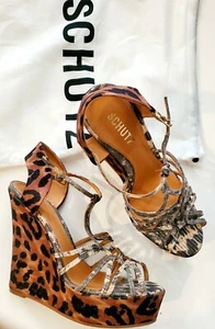 Schutz leopard snake high heel wedge platform 9 new denim sandals new strappy - Picture 1 of 5