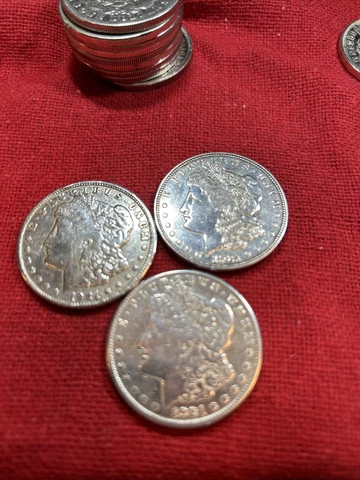 3-Lot 1921 Morgan 90% Silver Dollars 1 Ea.P,D,S Mints LightCir. Cleaned-Polished Cover
