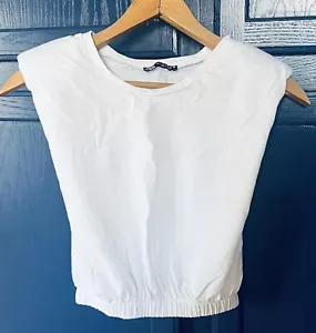 Zara TRF White Padded Shoulder Crop Top Size Small Gorgeous Muscle Shirt - Picture 1 of 4