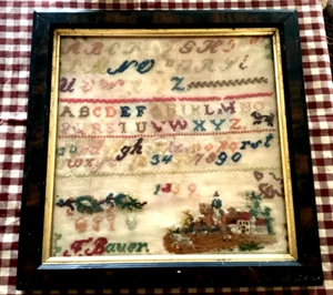 Framed Antique 1859 Needlepoint Sampler Alphabet Initials Date & Designs F Bauer - Picture 1 of 23