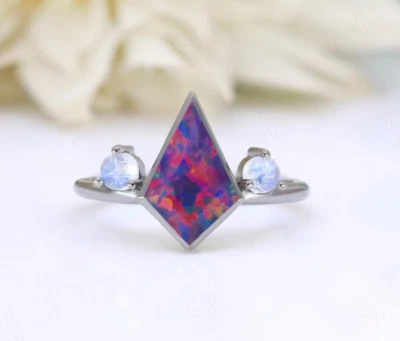 Anillo de compromiso nupcial con piedras preciosas de ópalo negro chapado en rodio de plata 925 Foto 1 de 4