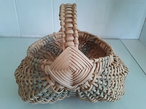 Vintage Hand Woven Buttocks Basket w Pale Green Stripes Rustic Farmhouse Estate Cover