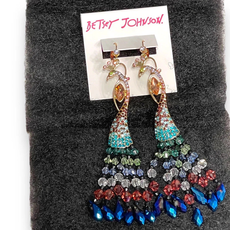 Betsey Johnson Peacock Crystal Pave Chandelier Beaded Earrings
