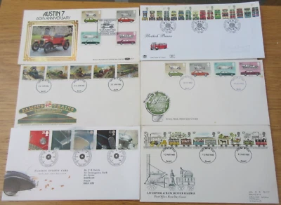 QUEEN ELIZABETH II CARS BUSES & TRAINS STAMP COVERS X 6 - PLEASE SEE PHOTOGRAPHS - Image 1 of 4