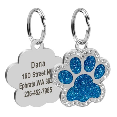 Personalized Dog Tags Engraved Puppy Pet ID Name Collar Tag Bling Paw Glitter - Image 1 of 4