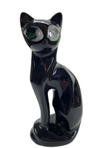 Mid Century Modern Ceramic Black Cat Kitten 8" Figurine Siamese Green Eyes - Picture 1 of 13