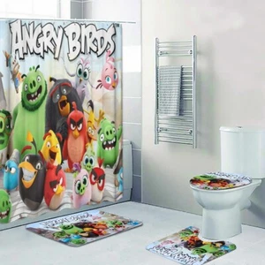 Angry Birds Cartoon Movies Print Shower Curtain Bath Mat Toilet Lid Cover Mat - Picture 1 of 9