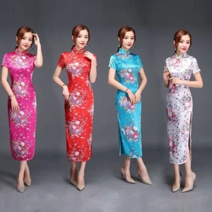 Chinese Sakura Women's Silk Satin Dress Party Long Cheongsam Traditional Qipao - Picture 1 of 20