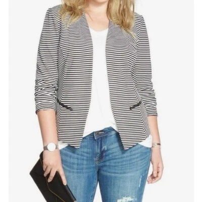 Sejour Black White Striped Ponte Knit Open Jacket Zip Pockets 16W - Image 1 of 4