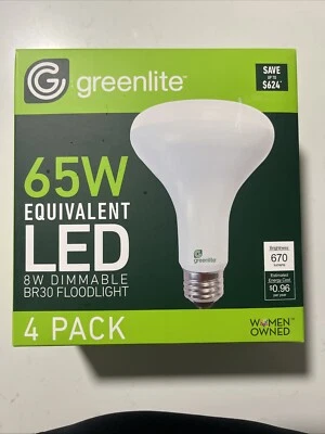 4x NEW Greenlite BR30 Light Bulbs 8w LED 65w Dimmable 3000k 670 Lumens - Image 1 of 4