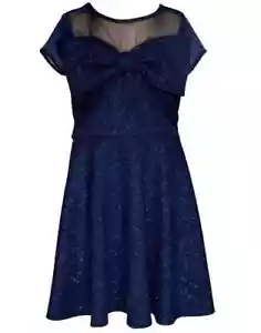 NWT Bonnie Jean Formal Skater Dress Girls 8 Navy Bow Scuba Knit Metallic Sparkle - Picture 1 of 3