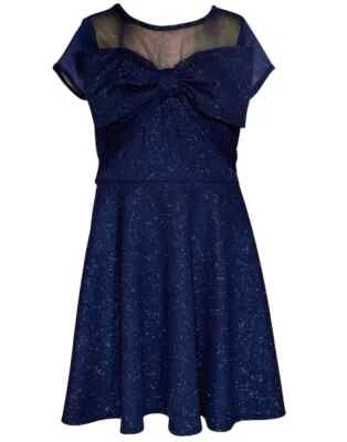 NWT Bonnie Jean Skater Dress Girls 12 Navy Bow Scuba Knit Metallic Sparkle - Image 1 of 3