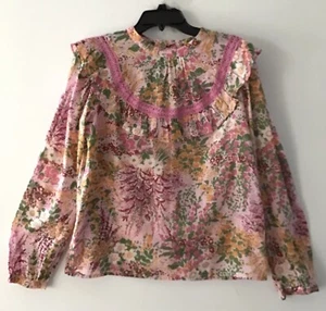 Banjanan Multicolor Long Sleeve Sheer Botanical Floral Cotton Top Small New - Picture 1 of 3