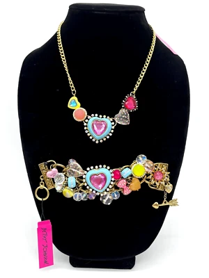 NEW Retired Betsey Johnson Candy Land Heart Charm Bracelet And Necklace Set - Image 1 of 4