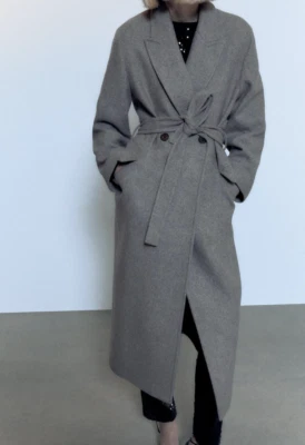 ZARA WOMEN NEW BELTED DOUBLE BREASTED WOOL BLEND COAT GRAY 8825/289 XS-XL - Image 1 of 4