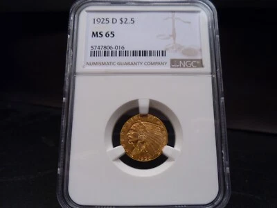 1925-D MS65 $2.50 Indian Head Quarter Eagle NGC Certified Gem - Bright - Image 1 of 4