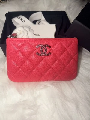 CHANEL Mini Pouch wallet Pink Red  / Unused Full Set with Camellia Authentic - Image 1 of 4