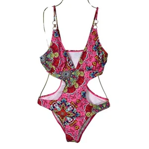 Traje de baño recortado de una pieza ROSA estampado floral detalle de estrás talla L Shein NUEVO - Imagen 1 de 5