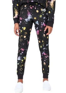 Justice Girls Fleece Joggers Black Size 10 Stretch Colorful Paint Splash Logo - Picture 1 of 12