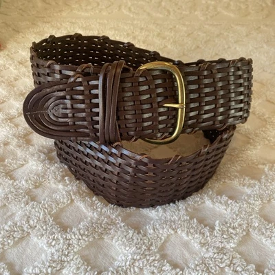 Talbots Wide Belt Womens XL  Brown Woven Braided Leather Boho Western Brass - Image 1 of 4