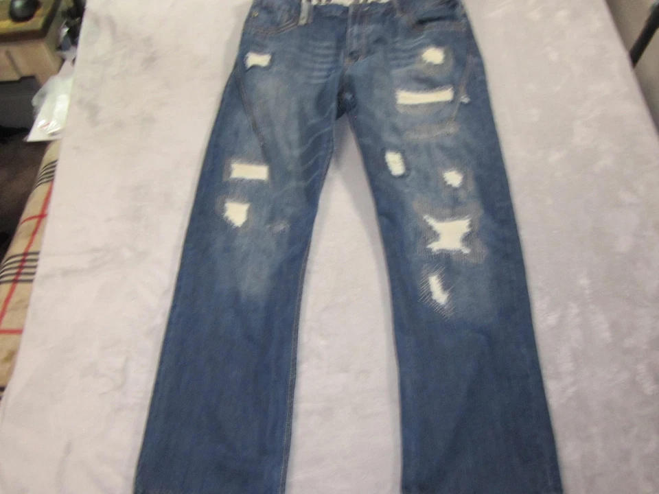 Pantalones de mezclilla Do para hombre 38x33 azul desgastado rasgado retazos algodón pesado DXM-005 Foto 1 de 4