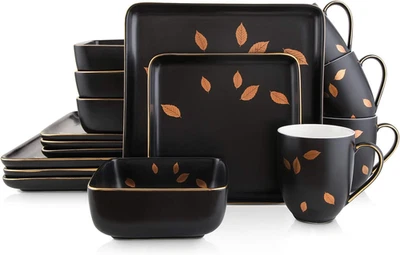 Juego de vajilla cuadrada de porcelana, negro con hojas doradas, servicio para 4 (16 piezas Foto 1 de 4