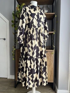 Zara Karen Oversize Midi Dress XL 14 16 Navy Ecru Geometric Cotton Tiered Unworn - Picture 1 of 9