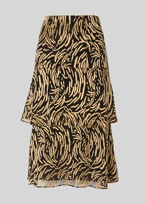 Whistles Reed Devore Gold Black Midi Skirt Tiered 14 Pattern Wedding Guest Party - Image 1 of 2