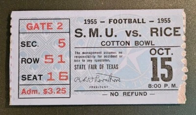 SMU Mustangs Rice Owls Football Ticket Stub 10/15 1955 Willard Dewveall Pass Int - Image 1 of 2