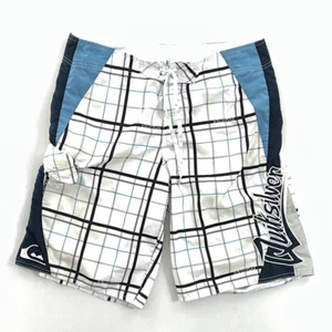 Quiksilver Mens Board Shorts Swim White Blue Plaid Drawstring 36 - Picture 1 of 6