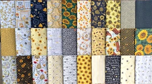30 SUNFLOWERS & BEES Fat Quarter Quilt Cotton Fabric Bundle - Picture 1 of 7